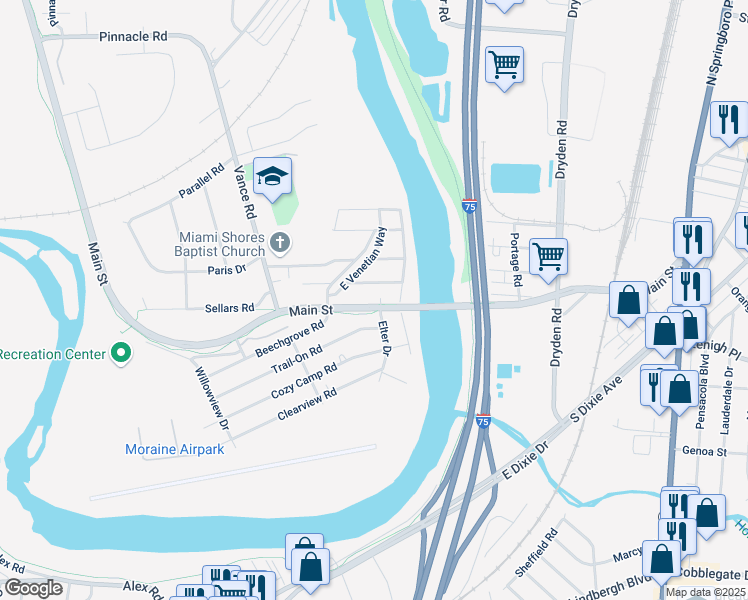 map of restaurants, bars, coffee shops, grocery stores, and more near 3221 Outdoor Road in Moraine