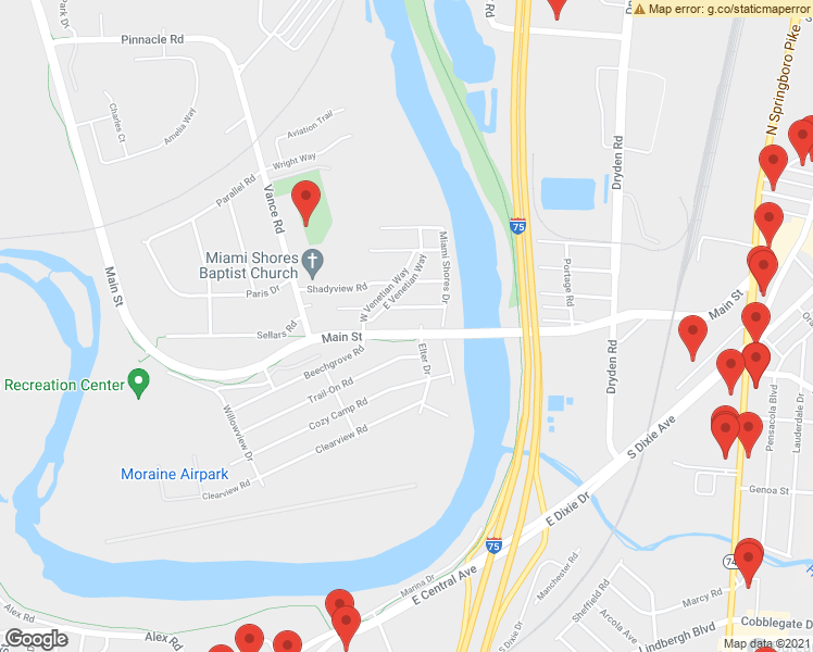map of restaurants, bars, coffee shops, grocery stores, and more near 3221 Outdoor Road in Moraine
