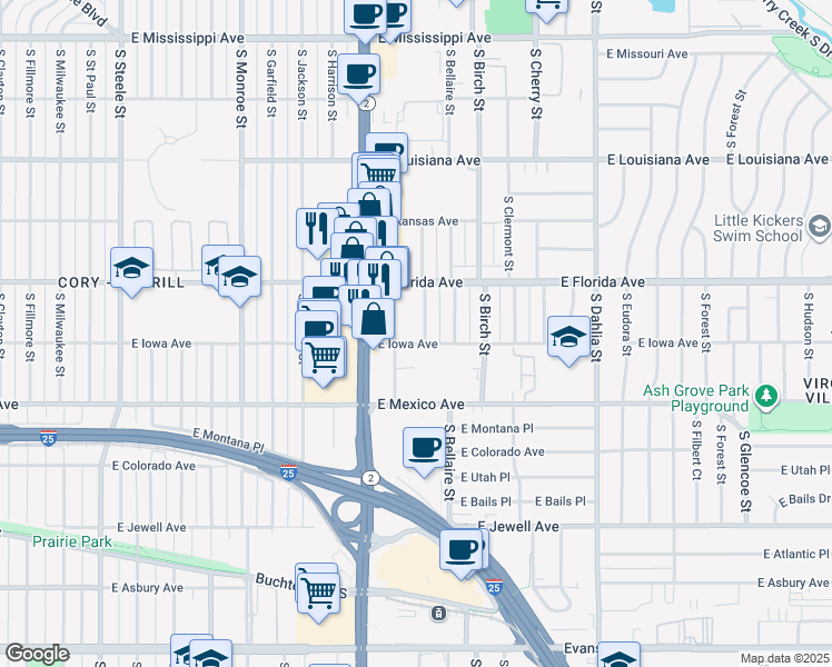 map of restaurants, bars, coffee shops, grocery stores, and more near 1581 South Ash Street in Denver