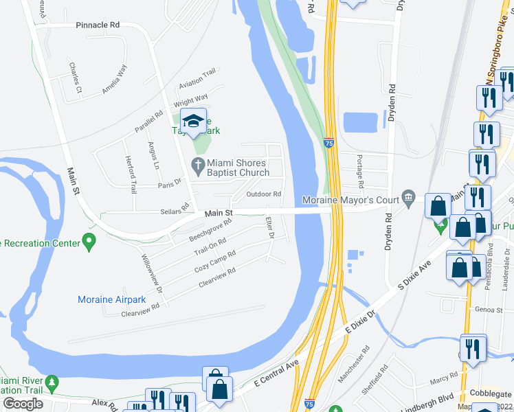 map of restaurants, bars, coffee shops, grocery stores, and more near 3313 Main Street in Moraine