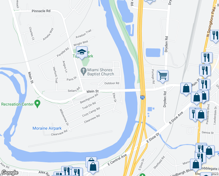 map of restaurants, bars, coffee shops, grocery stores, and more near 3309 Main Street in Moraine