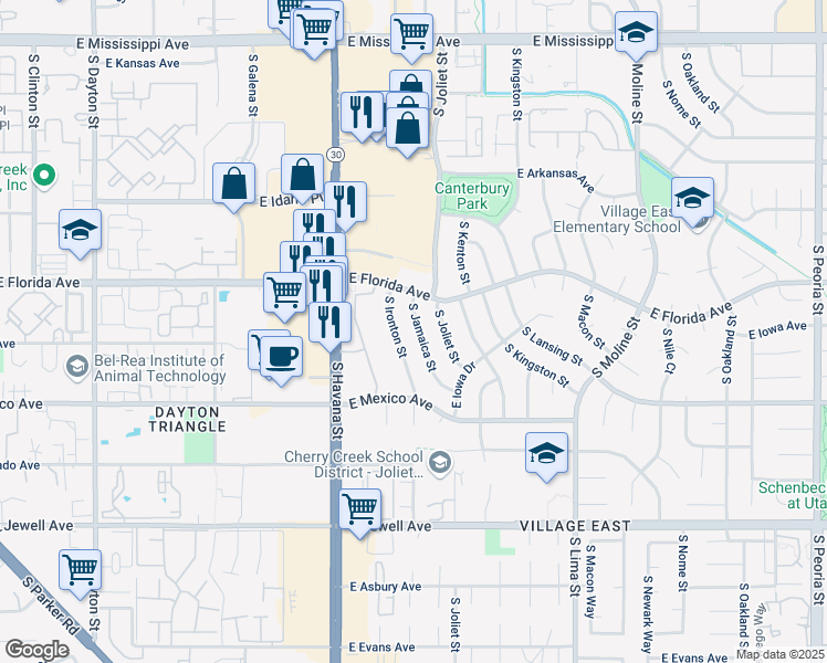 map of restaurants, bars, coffee shops, grocery stores, and more near 1543 South Jamaica Street in Aurora