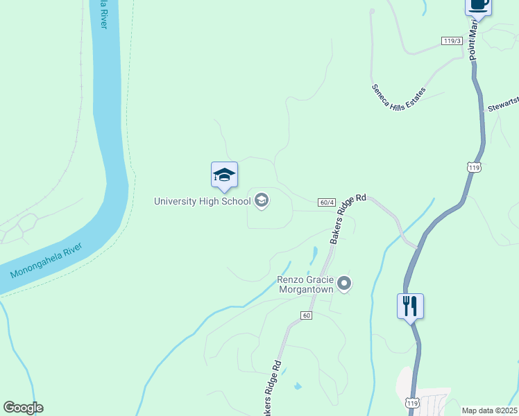 map of restaurants, bars, coffee shops, grocery stores, and more near 131 Bakers Ridge Road in Morgantown