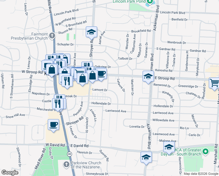 map of restaurants, bars, coffee shops, grocery stores, and more near 605 Wedgewood Avenue in Dayton