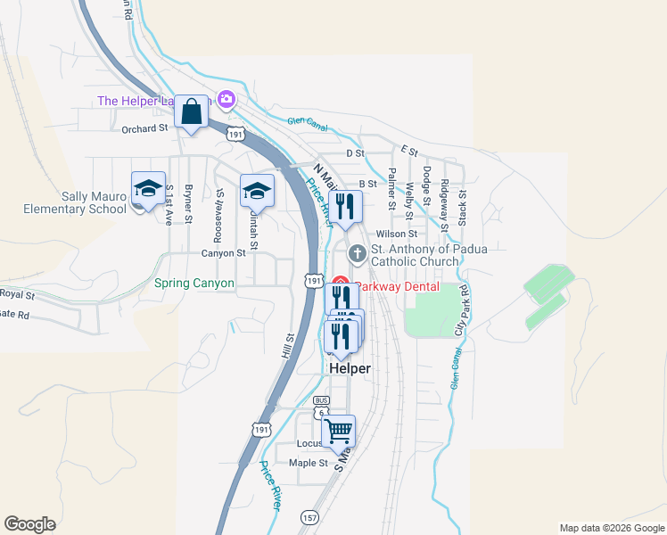 map of restaurants, bars, coffee shops, grocery stores, and more near South 100 West in Helper