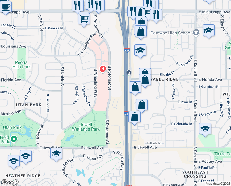 map of restaurants, bars, coffee shops, grocery stores, and more near 1550 South Potomac Street in Aurora