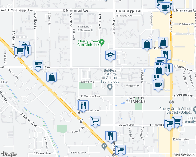 map of restaurants, bars, coffee shops, grocery stores, and more near 9448 East Florida Avenue in Denver