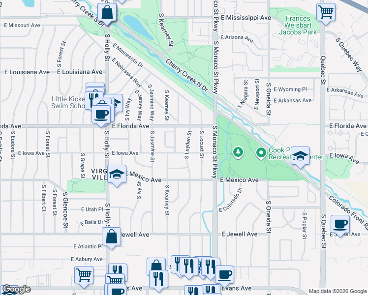 map of restaurants, bars, coffee shops, grocery stores, and more near 1540 South Krameria Street in Denver