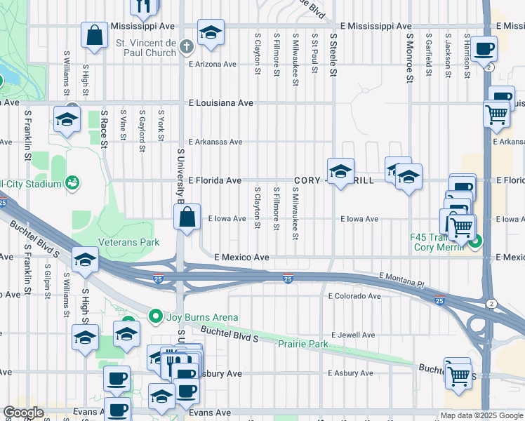 map of restaurants, bars, coffee shops, grocery stores, and more near 1541 South Clayton Street in Denver