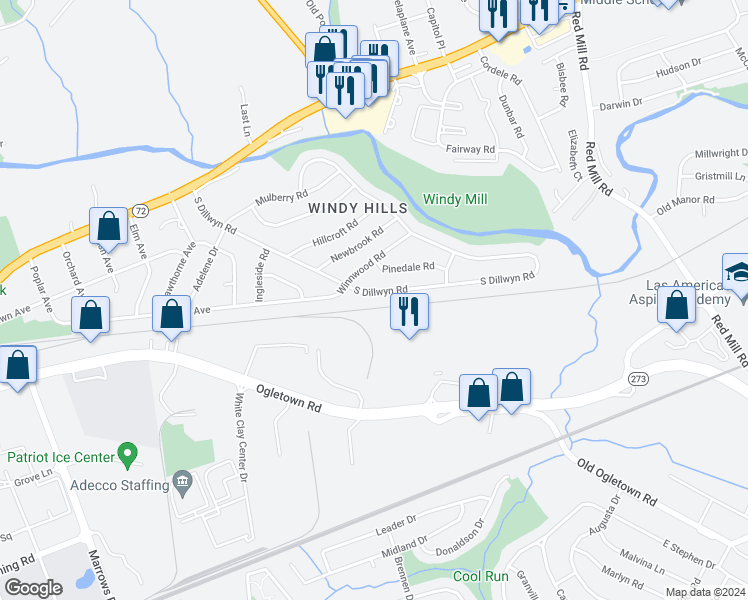 map of restaurants, bars, coffee shops, grocery stores, and more near 206 South Dillwyn Road in Newark