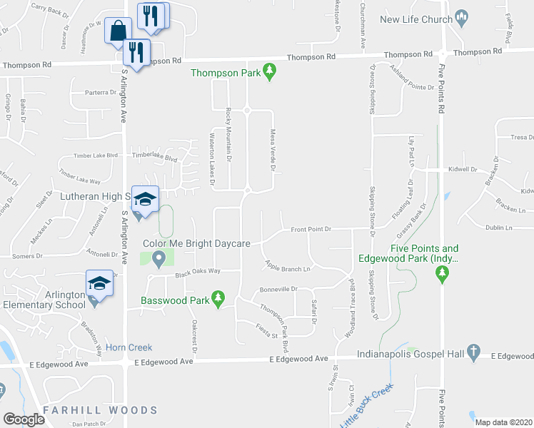 map of restaurants, bars, coffee shops, grocery stores, and more near 5507 Apple Branch Way in Indianapolis