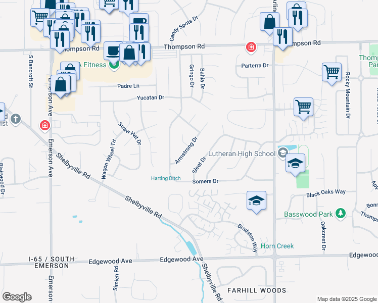 map of restaurants, bars, coffee shops, grocery stores, and more near 5426 Armstrong Court in Indianapolis