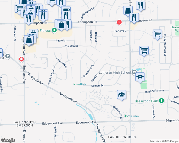 map of restaurants, bars, coffee shops, grocery stores, and more near 5426 Armstrong Court in Indianapolis