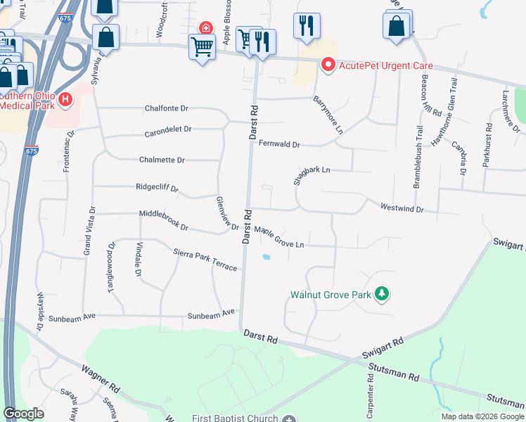 map of restaurants, bars, coffee shops, grocery stores, and more near 3986 Walnut Grove Lane in Dayton
