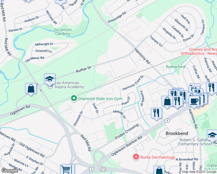 map of restaurants, bars, coffee shops, grocery stores, and more near 179 Rhythm Court in Newark