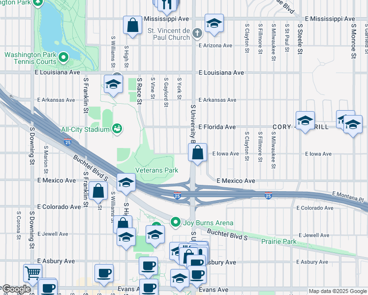 map of restaurants, bars, coffee shops, grocery stores, and more near 1543 South University Boulevard in Denver