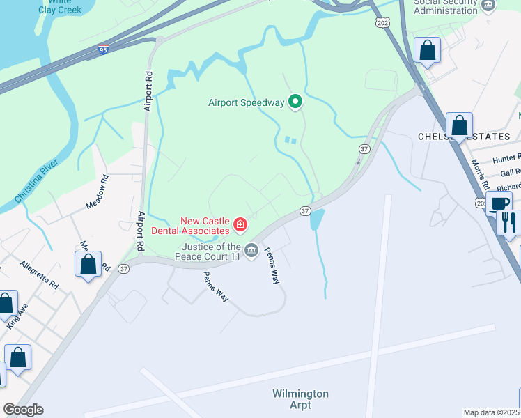 map of restaurants, bars, coffee shops, grocery stores, and more near 2 Reads Way in New Castle