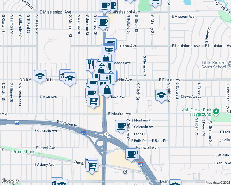 map of restaurants, bars, coffee shops, grocery stores, and more near 1533 South Ash Street in Denver
