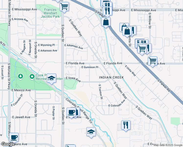 map of restaurants, bars, coffee shops, grocery stores, and more near 1566 South Syracuse Street in Denver
