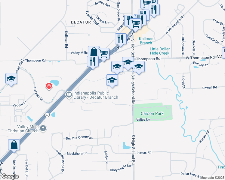 map of restaurants, bars, coffee shops, grocery stores, and more near 5240 South High School Road in Indianapolis