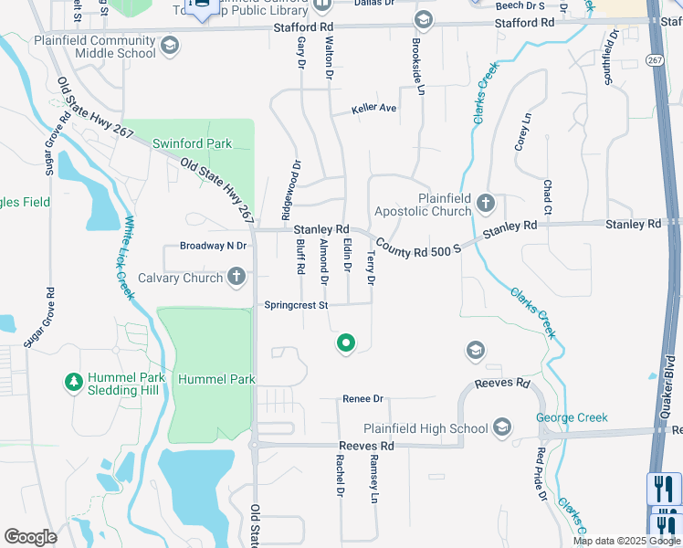 map of restaurants, bars, coffee shops, grocery stores, and more near 1221 Almond Drive in Plainfield