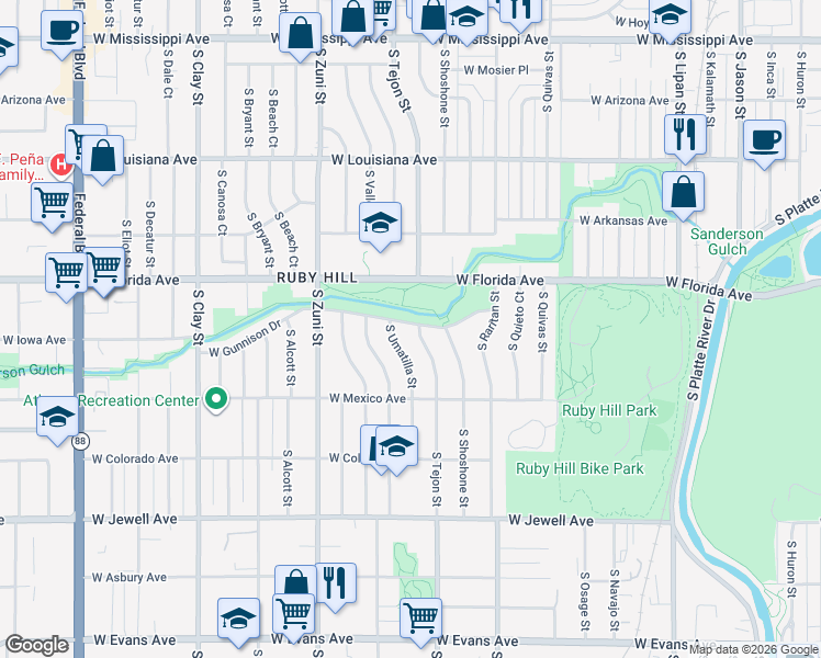 map of restaurants, bars, coffee shops, grocery stores, and more near 2000 West Florida Avenue in Denver