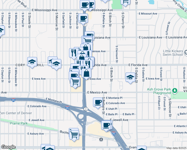 map of restaurants, bars, coffee shops, grocery stores, and more near 1533 South Ash Street in Denver