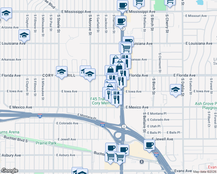 map of restaurants, bars, coffee shops, grocery stores, and more near 1539 South Jackson Street in Denver