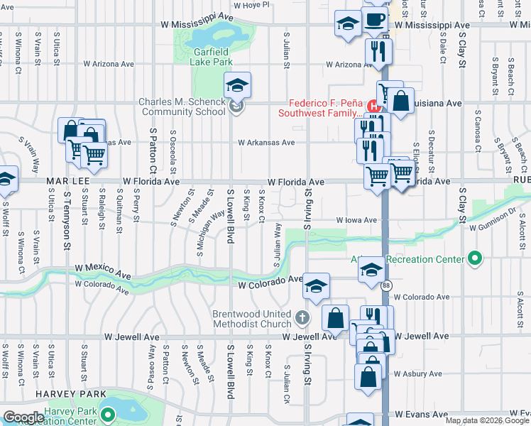 map of restaurants, bars, coffee shops, grocery stores, and more near 1538 South King Street in Denver