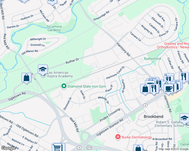 map of restaurants, bars, coffee shops, grocery stores, and more near 179 Rhythm Court in Newark