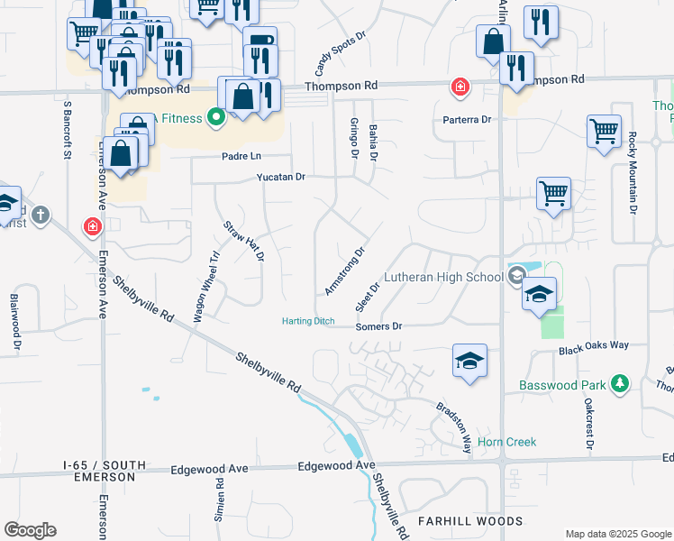 map of restaurants, bars, coffee shops, grocery stores, and more near 5426 Armstrong Court in Indianapolis