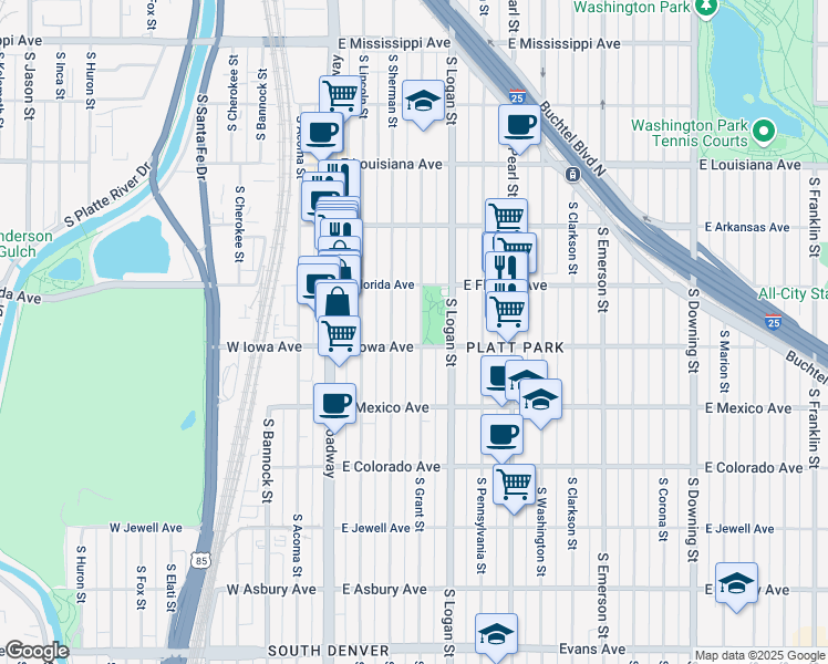 map of restaurants, bars, coffee shops, grocery stores, and more near 1548 South Sherman Street in Denver