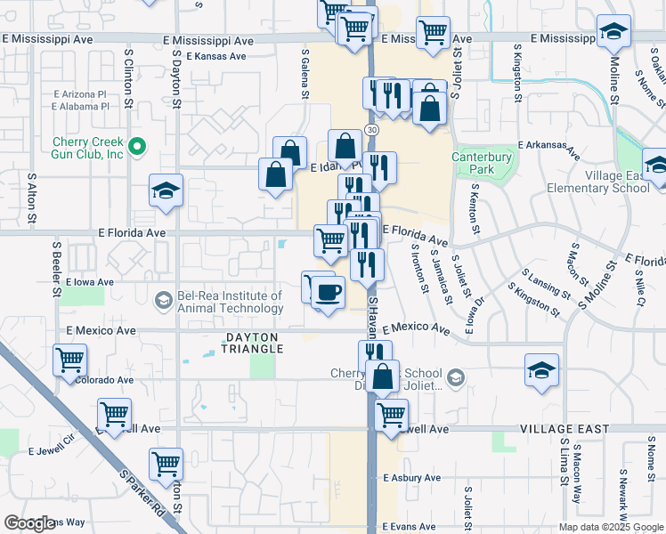 map of restaurants, bars, coffee shops, grocery stores, and more near 1555 South Havana Street in Aurora
