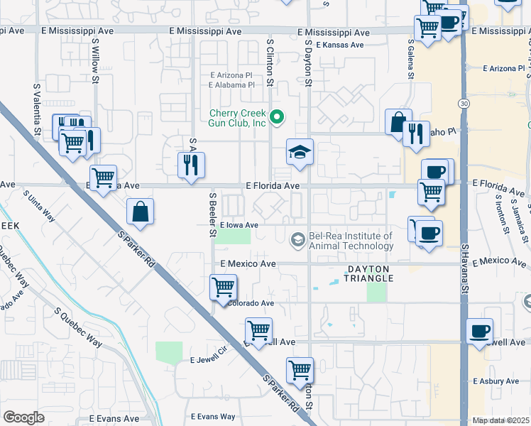 map of restaurants, bars, coffee shops, grocery stores, and more near 9448 East Florida Avenue in Denver