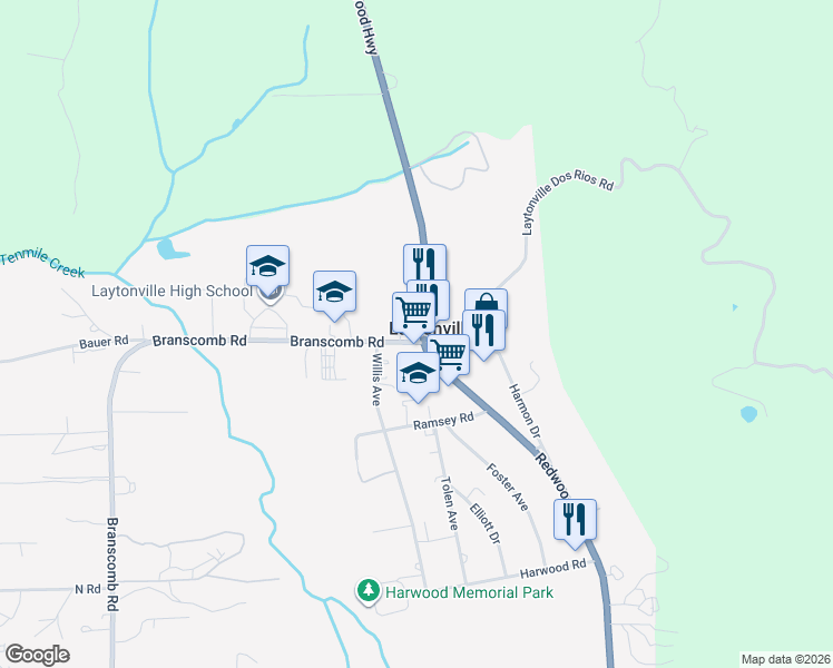 map of restaurants, bars, coffee shops, grocery stores, and more near 45010 U.S. 101 in Laytonville