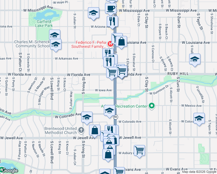 map of restaurants, bars, coffee shops, grocery stores, and more near 1597 South Federal Boulevard in Denver