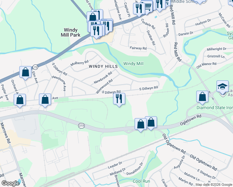 map of restaurants, bars, coffee shops, grocery stores, and more near 220 South Dillwyn Road in Newark