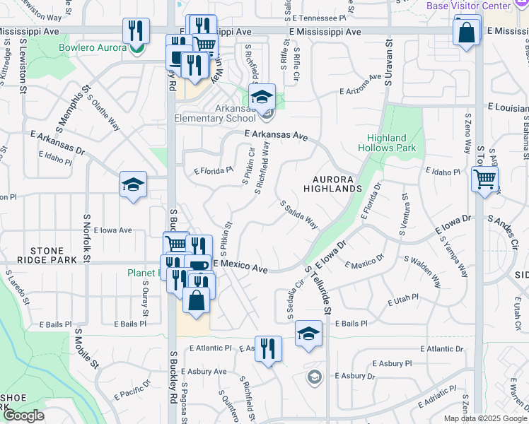 map of restaurants, bars, coffee shops, grocery stores, and more near 17431 East Gunnison Place in Aurora