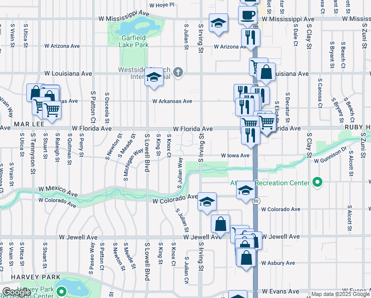map of restaurants, bars, coffee shops, grocery stores, and more near 3300 West Florida Avenue in Denver