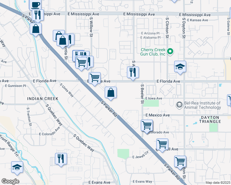 map of restaurants, bars, coffee shops, grocery stores, and more near 8826 East Florida Avenue in Denver