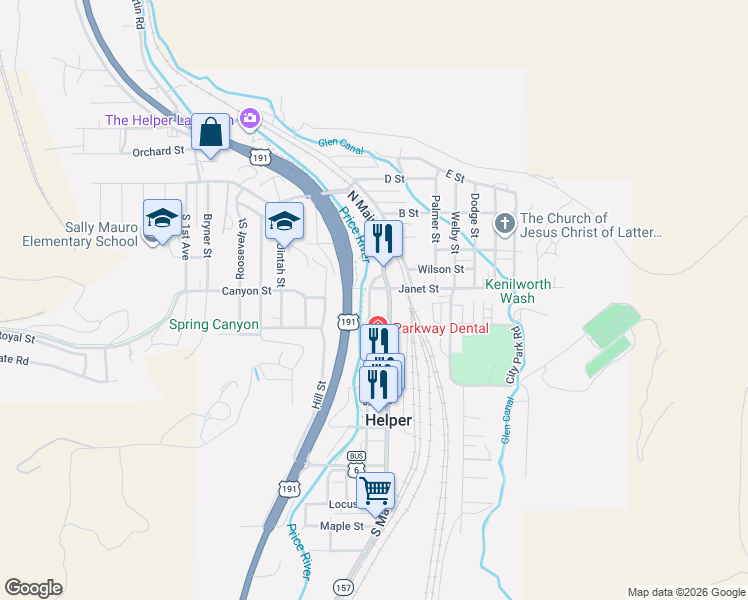 map of restaurants, bars, coffee shops, grocery stores, and more near 4 North Main Street in Helper