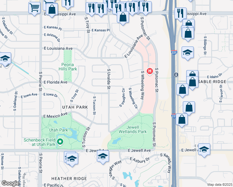 map of restaurants, bars, coffee shops, grocery stores, and more near 17207 East Florida Avenue in Aurora