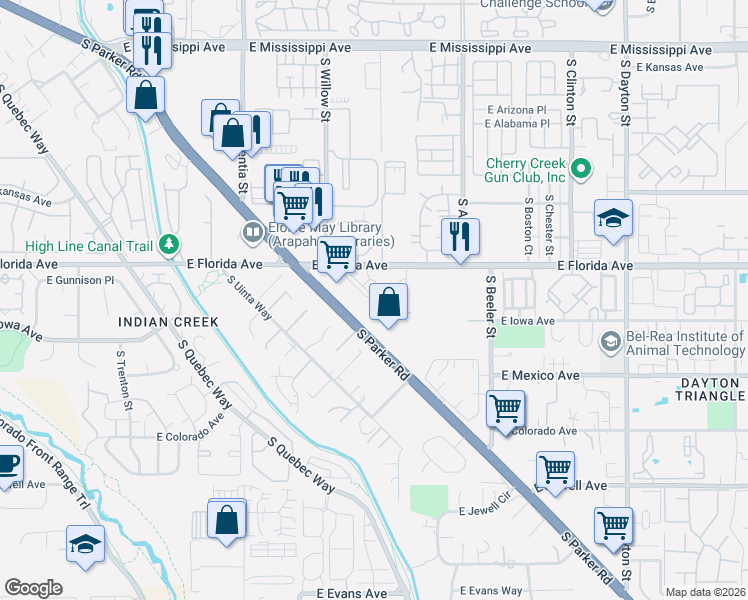 map of restaurants, bars, coffee shops, grocery stores, and more near 8828 East Florida Avenue in Denver