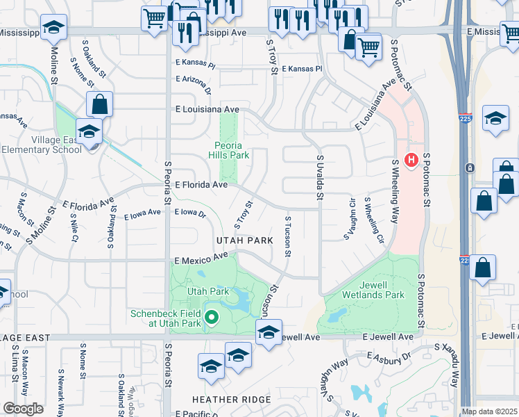 map of restaurants, bars, coffee shops, grocery stores, and more near 12835 East Florida Avenue in Aurora