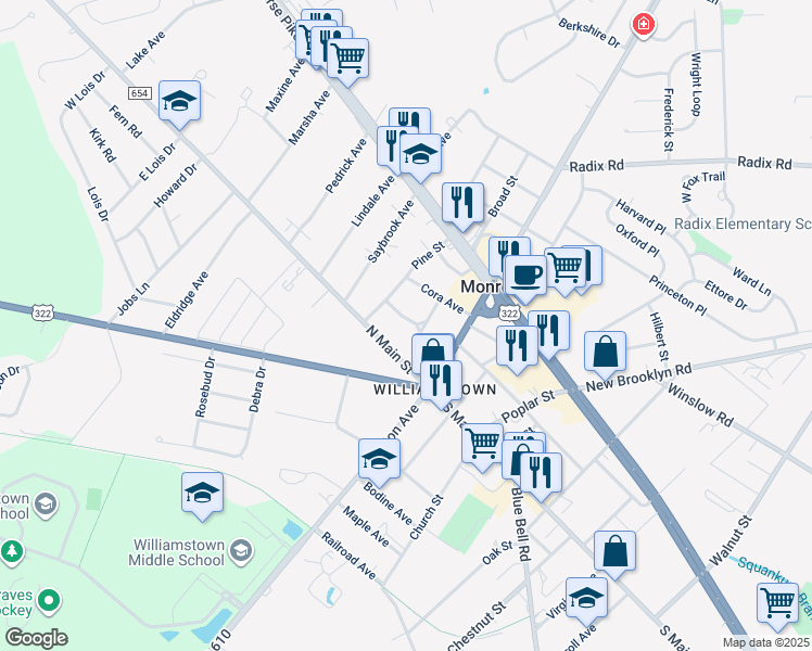 map of restaurants, bars, coffee shops, grocery stores, and more near 61 William Avenue in Monroe Township