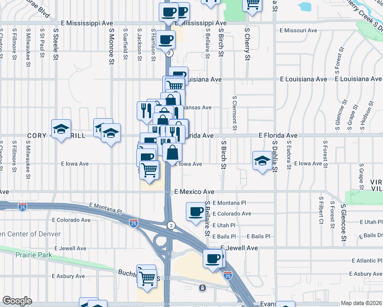 map of restaurants, bars, coffee shops, grocery stores, and more near 1533 South Ash Street in Denver