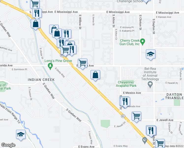 map of restaurants, bars, coffee shops, grocery stores, and more near 8828 East Florida Avenue in Denver