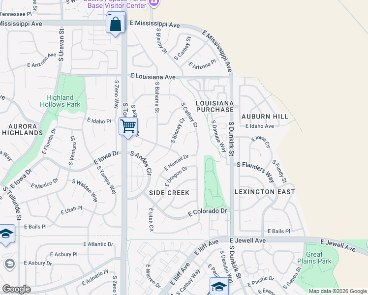 map of restaurants, bars, coffee shops, grocery stores, and more near 1493 South Cathay Way in Aurora