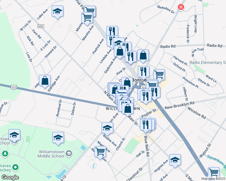 map of restaurants, bars, coffee shops, grocery stores, and more near 61 William Avenue in Monroe Township