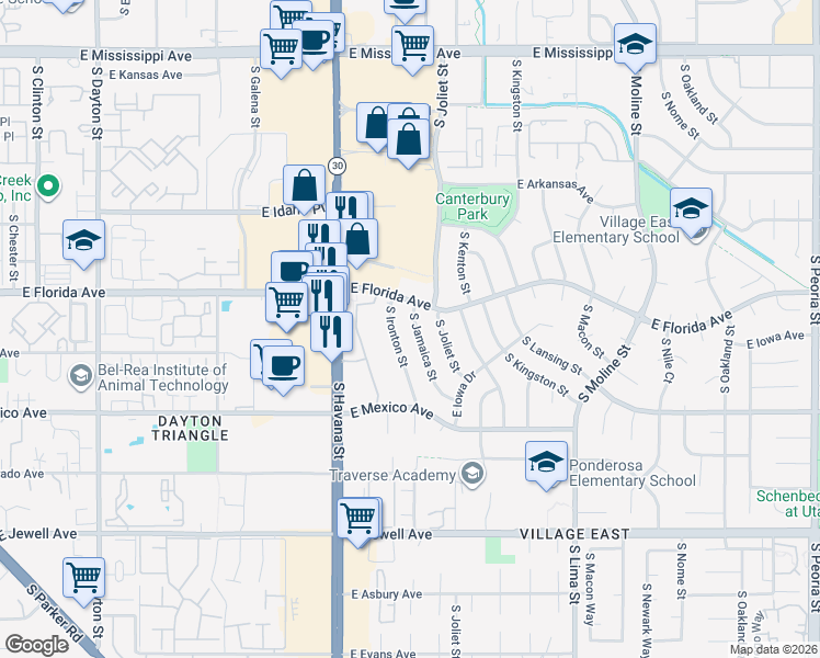map of restaurants, bars, coffee shops, grocery stores, and more near 1526 South Ironton Street in Aurora